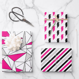 Feuille De Papier Cadeau Gris Rose Géométrie Flash Rayures