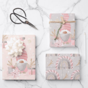 FEUILLE DE PAPIER CADEAU GRIS & ROSE WATERCOULEUR VACANCES GNOME THÈME