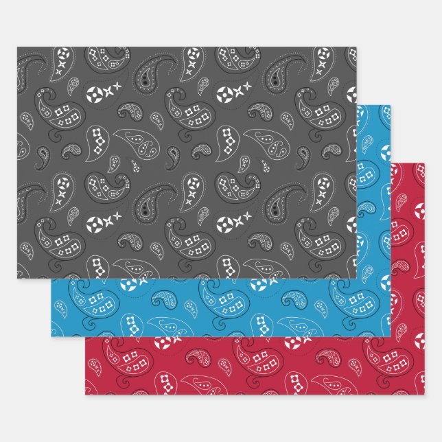 Feuille De Papier Cadeau Gris Rouge Bleu Paisley Bandana Assortiment (Lot)