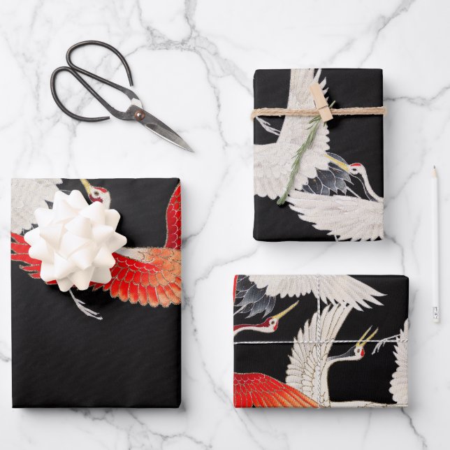 Feuille De Papier Cadeau Grues volantes : Japonais Bird Kimono Art (Recto)