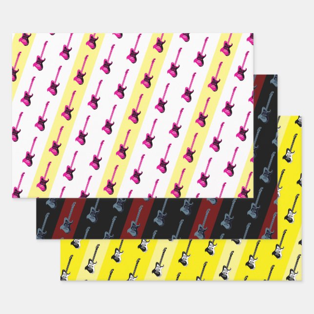 Feuille De Papier Cadeau Guitare électrique moderne Cool noir jaune rose bl (Lot)