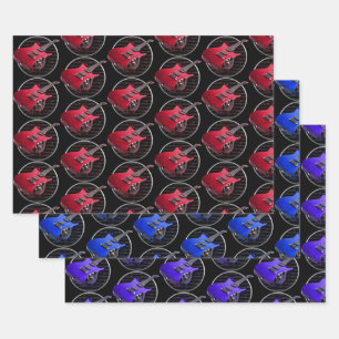 Feuille De Papier Cadeau Guitares électriques rouge bleu et violet