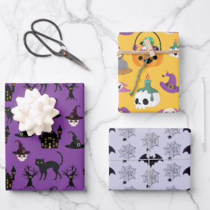 FEUILLE DE PAPIER CADEAU HALLOWEEN BATS CASQUETTE CAULDRONS SKULLS BROOMS
