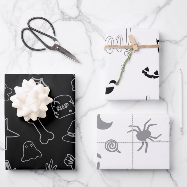 Feuille De Papier Cadeau Halloween Boo ! Noir Blanc (Recto)