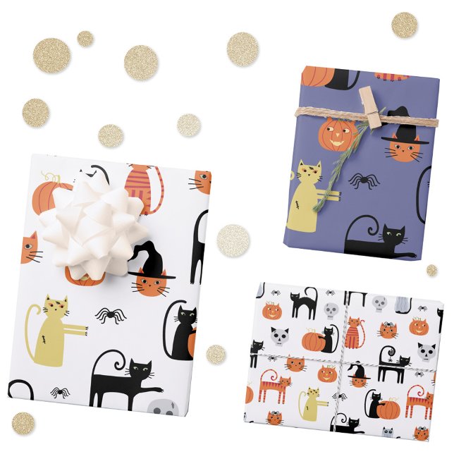 Feuille De Papier Cadeau Halloween Chat Éffrayant Assorti (Halloween cats fun spooky pattern gift wrapping paper )
