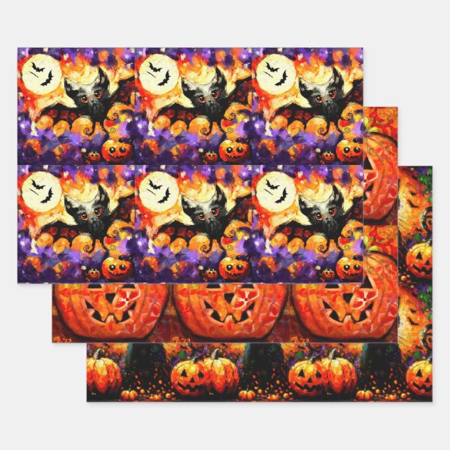 Feuille De Papier Cadeau Halloween Chat noir Jack-o-Lanterne Découpage (Lot)