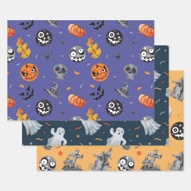Feuille De Papier Cadeau Halloween Citrouille Skeleton Haunted House Gravey (Lot)