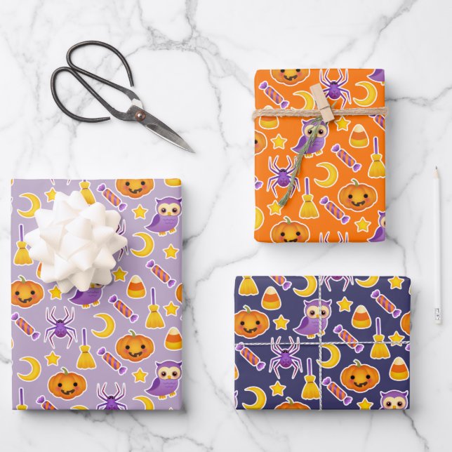 Feuille De Papier Cadeau Halloween Citrouilles, hibou et bonbons (Recto)
