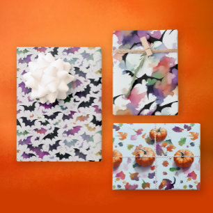 Feuille De Papier Cadeau Halloween colorée Chauve-souris Citrouille d'autom