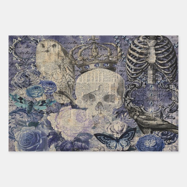 Feuille De Papier Cadeau Halloween Crâne avec couronne et hibou (Devant)