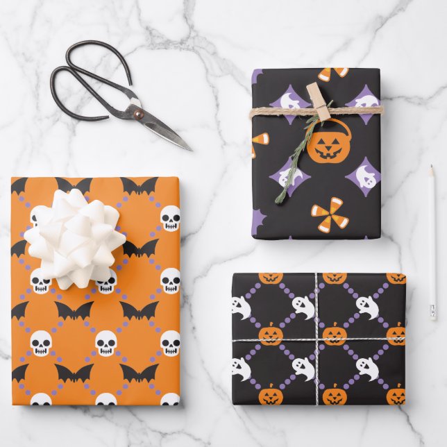 Feuille De Papier Cadeau Halloween Designer Amusement, Skuls & Citrouilles (Recto)