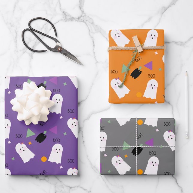 Feuille De Papier Cadeau Halloween Fantôme violet orange noir Confetti (Recto)