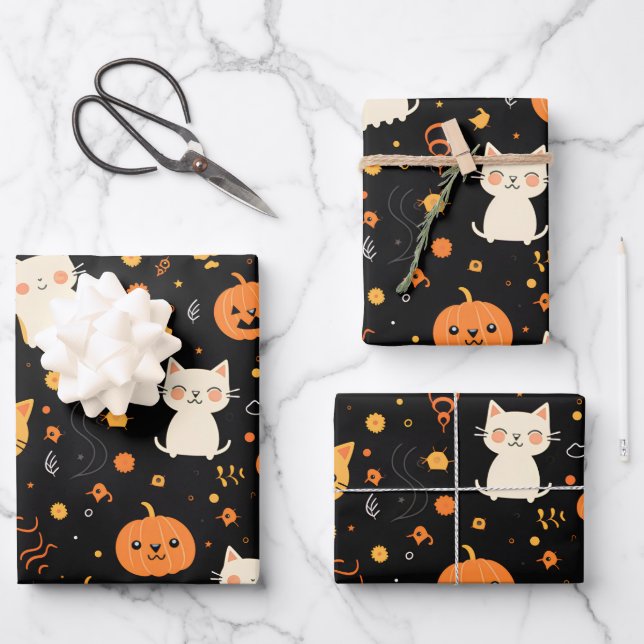 Feuille De Papier Cadeau Halloween Fun Kids Chats Citrouilles (Recto)