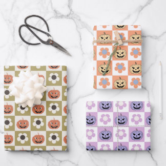 Feuille De Papier Cadeau Halloween Jack-o-lanterne et damier marguerrier