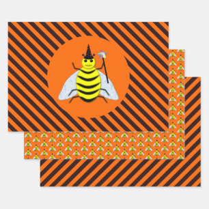 Feuille De Papier Cadeau Halloween Magic Bee Witch Orange et Black Stripes