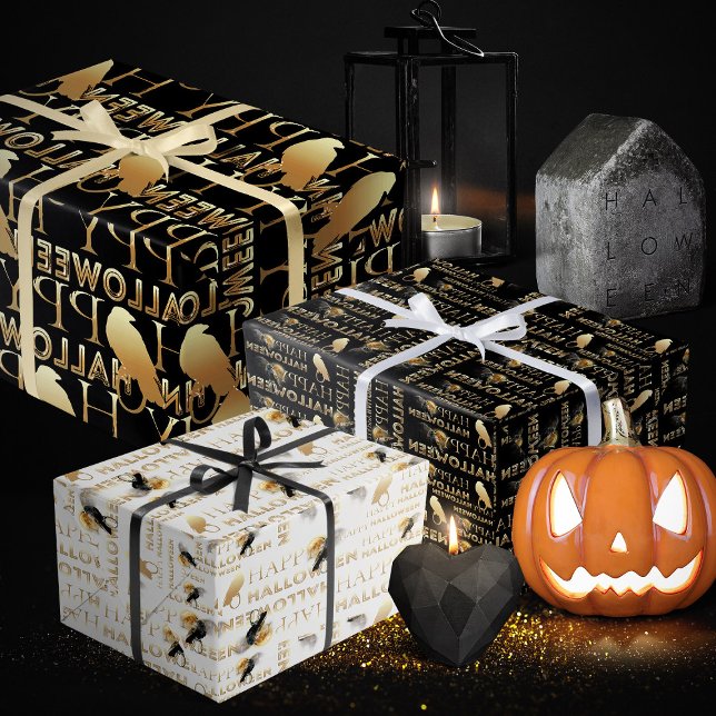 Feuille De Papier Cadeau Halloween moderne Noir Blanc Et Or Chic Adulte Adu (Halloween wrapping paper, spooky wrapping paper black and gold)