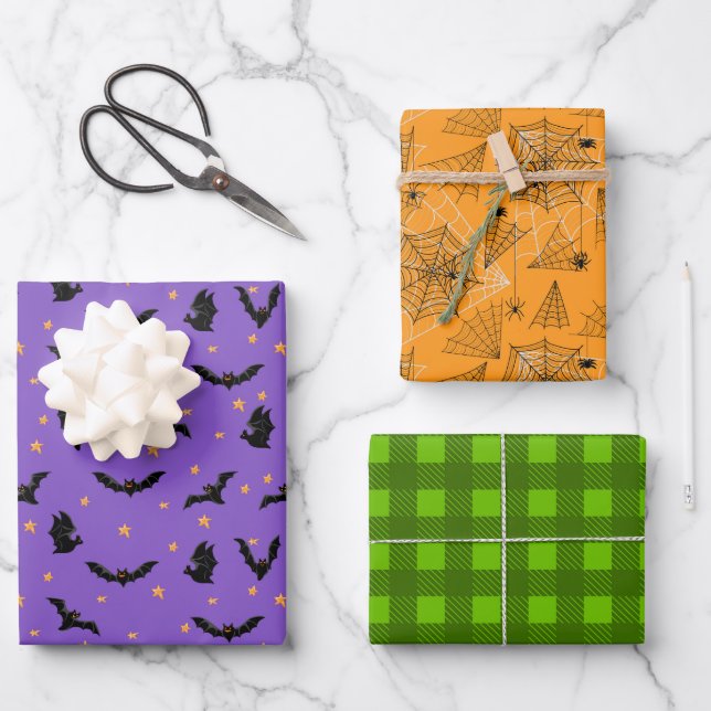 Feuille De Papier Cadeau Halloween Motif chauves-souris araignées web (Recto)