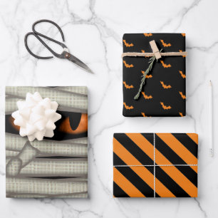 Feuille De Papier Cadeau Halloween Mummy Eyes/Bats/Stripes Orange ID685