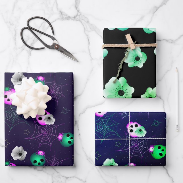 Feuille De Papier Cadeau Halloween Neon rose et vert crâne brillant guerre (Recto)