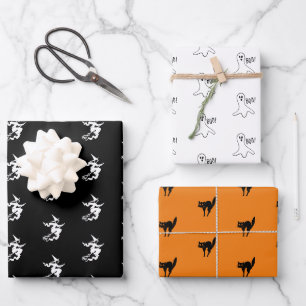 Feuille De Papier Cadeau Halloween noir orange blanc chat noir sorcier fant