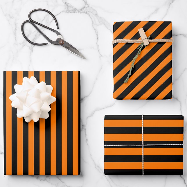 Feuille De Papier Cadeau Halloween Orange Black Stripes Motif texte personn (Halloween Orange Black Stripes Pattern Custom Text Wrapping Paper Sheets)