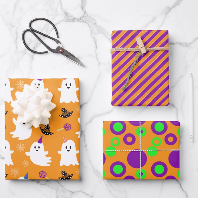 Feuille De Papier Cadeau Halloween Orange Ghost mignonettes Points Enfants (Recto)