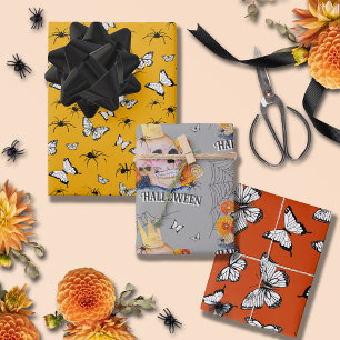 Feuille De Papier Cadeau Halloween papillons floraux Halloween Araignées du