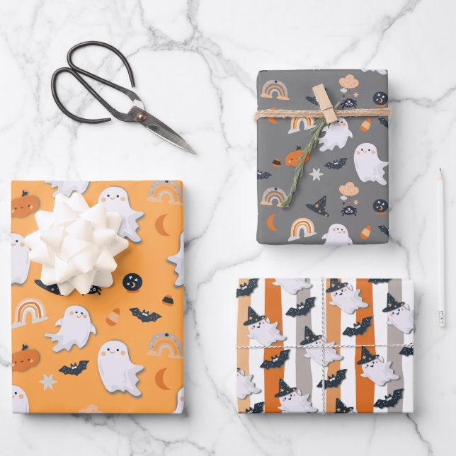 Feuille De Papier Cadeau Halloween Petits Fantômes De Boo Envelopper Feuill (Recto)