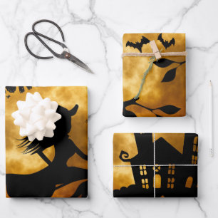Feuille De Papier Cadeau Halloween Pleine lune Witch Maison Éffrayante