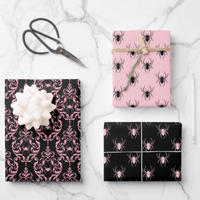 Feuille De Papier Cadeau Halloween rose et noir (Recto)