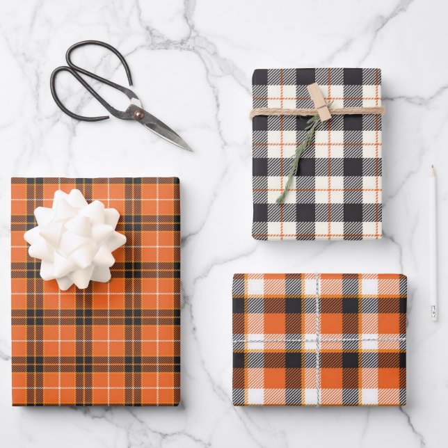 Feuille De Papier Cadeau Halloween Tartan Noir et Orange Tartan Plaid En vi (Recto)