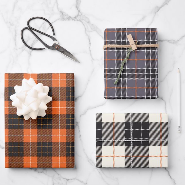 Feuille De Papier Cadeau Halloween Tartan Noir et Orange Tartan Plaid En vi (Recto)