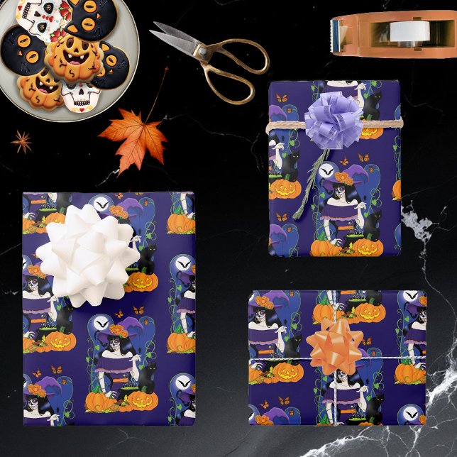 Feuille De Papier Cadeau Halloween Witch Sugar Skull (Créateur téléchargé)