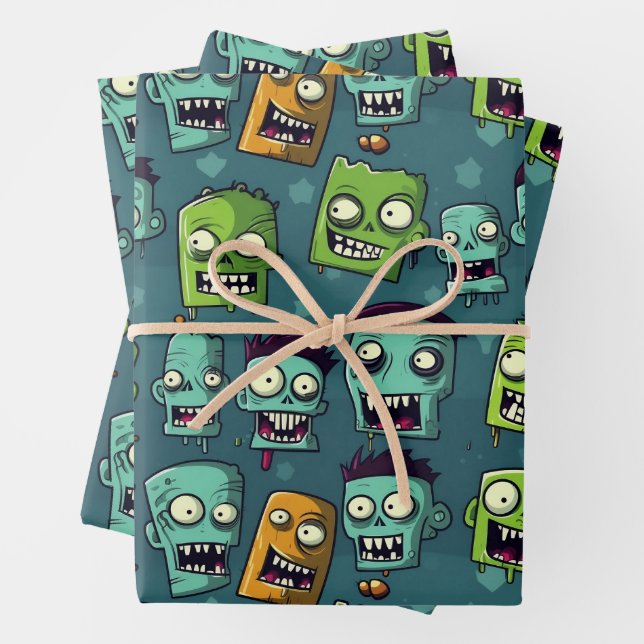 Feuille De Papier Cadeau Halloween zombie design with green background (En situation)