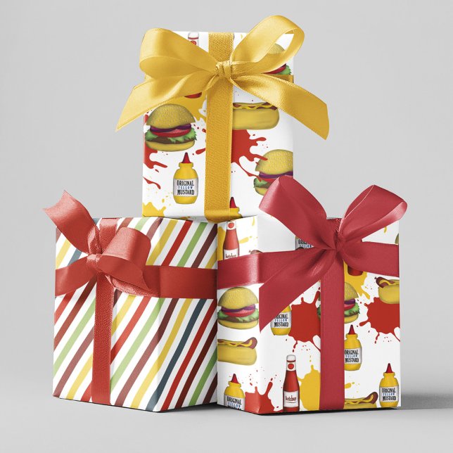 Feuille De Papier Cadeau Hamburger et Hotdogs Motifs (Cute Whimsical Hamburger and hotdog pattern wrapping paper. )