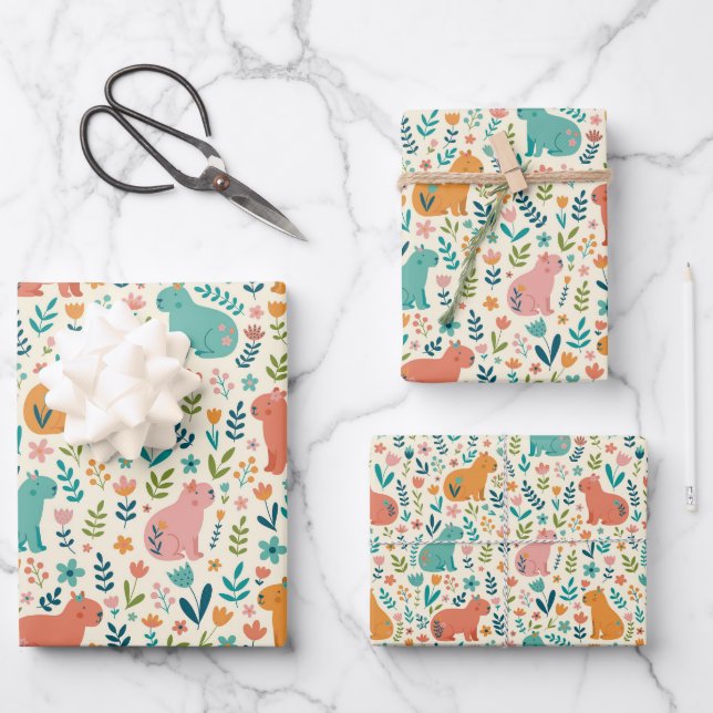 Feuille De Papier Cadeau Hand Drawn Floral Capybara Wrapping Paper Sheets (Recto)