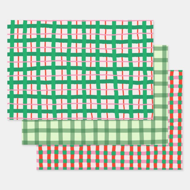 Feuille De Papier Cadeau Hand Drawn Modern Christmas Plaids (Lot)