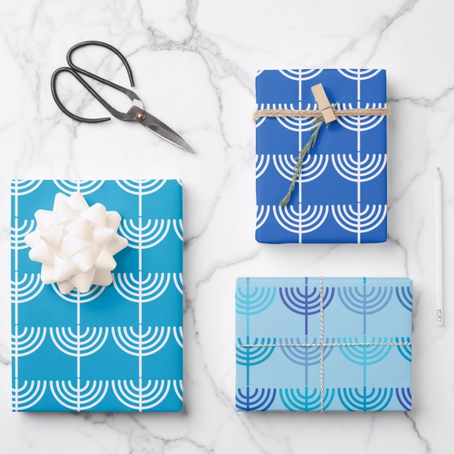 Feuille De Papier Cadeau Hanoukka Chanukah Chanukkiah Menorah Motif (Recto)