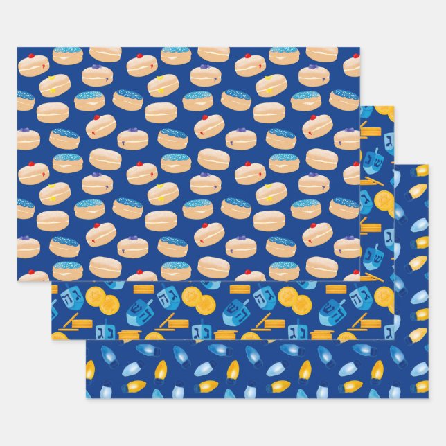 Feuille De Papier Cadeau Hanoukka Dreidel, Gelt, Sufganiyot, Lumières à cor (Lot)