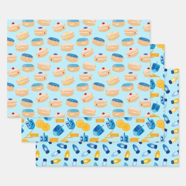 Feuille De Papier Cadeau Hanoukka Dreidel, Gelt, Sufganiyot, Lumières à cor (Lot)