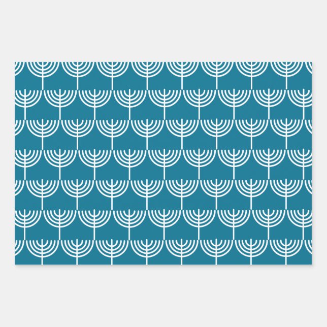 Feuille De Papier Cadeau Hanoukka Menorah Motif en Turquoise et blanc (Devant)