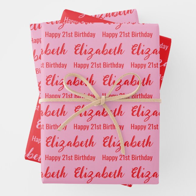 Feuille De Papier Cadeau Happy 21st Birthday Name Light Pink and Red (En situation)