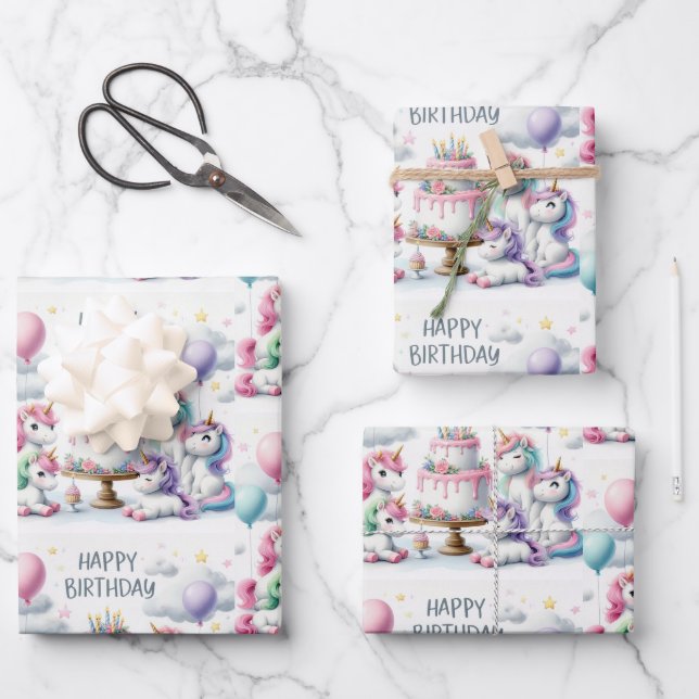 Feuille De Papier Cadeau Happy Birthday Unicorn Themed (Recto)