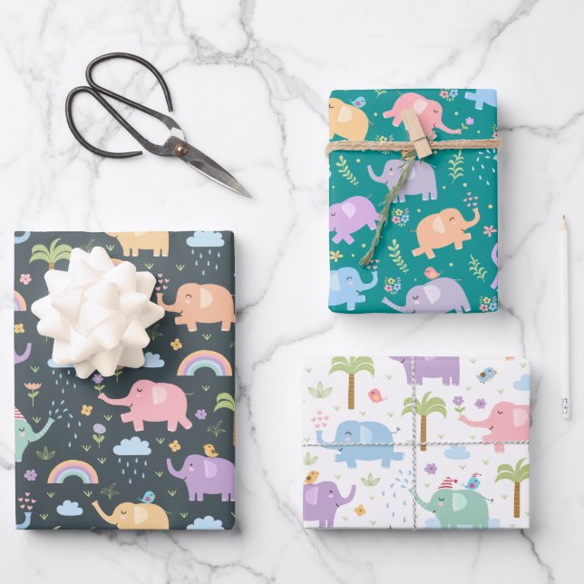 Feuille De Papier Cadeau Happy Elephants Medley Mix et Match (Recto)
