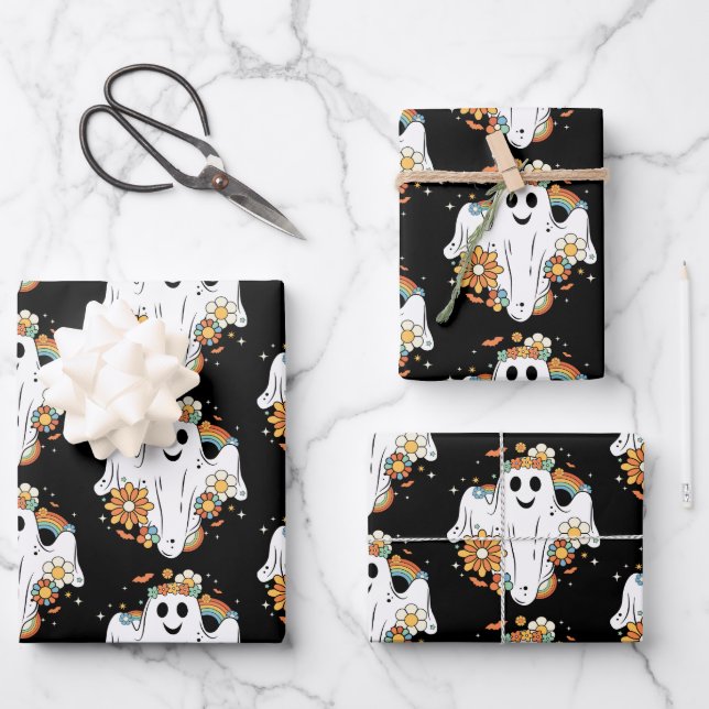 Feuille De Papier Cadeau Happy Ghost Retro Hippie Motif (Recto)
