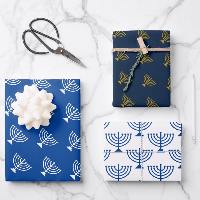 Feuille De Papier Cadeau Happy Hannukah porte-bougie bleu motif (Recto)