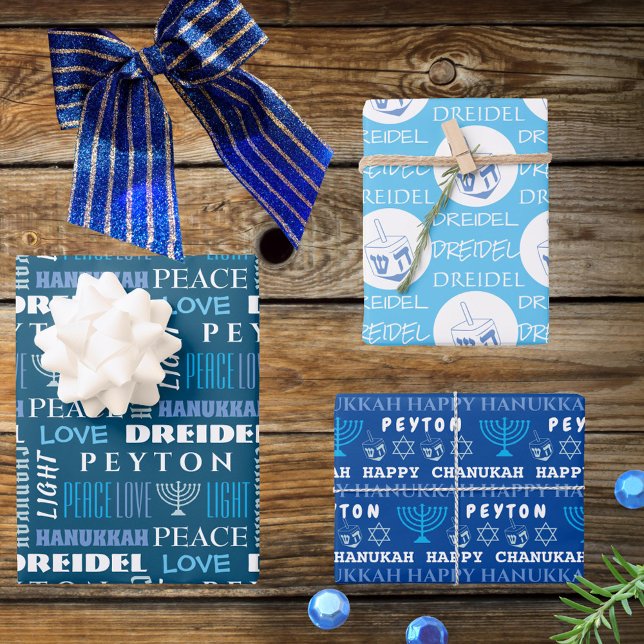 Feuille De Papier Cadeau Happy Hanoukka White Blue Childs Nom Typographie (Créateur téléchargé)