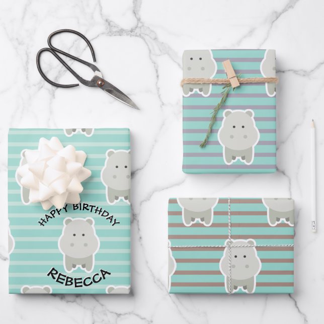 Feuille De Papier Cadeau Happy Hippo Stripes Anniversaire Nom (Recto)