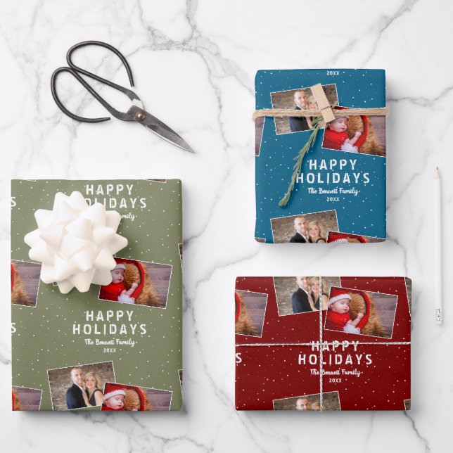Feuille De Papier Cadeau Happy Holidays 2 Photo Collage Snowflakes (Recto)