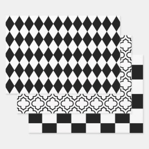 Feuille De Papier Cadeau Harlequin Marocain Damier DIY Couleurs Blanc Noir
